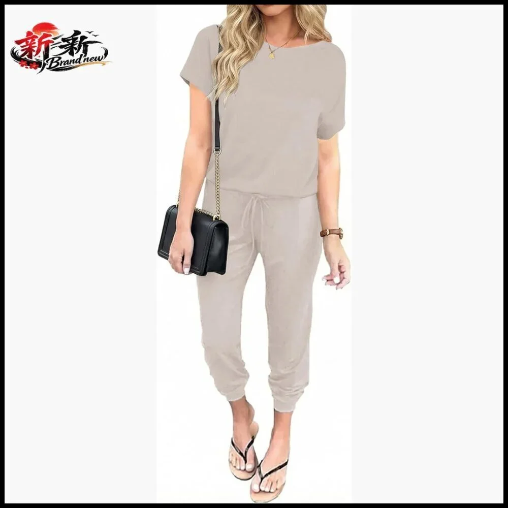 Polyester Jumpsuit with Drawstring, Side Pockets, Keyhole Back
